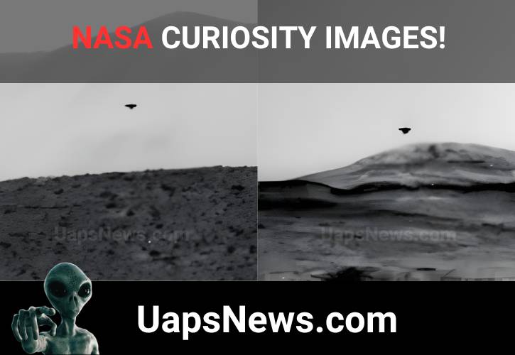 NASA Curiosity Mars UAP Sightings – Sol 669 vs Sol 4110 Comparison of two NASA Curiosity rover images from Mars showing a black saucer-shaped UAP hovering in the sky.