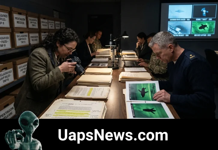 Declassified Pentagon UAP Files and Military Intelligence Documents Room Investigative researchers and military personnel reviewing declassified Pentagon UFO files, analyzing green infrared satellite captures of anomalous craft.