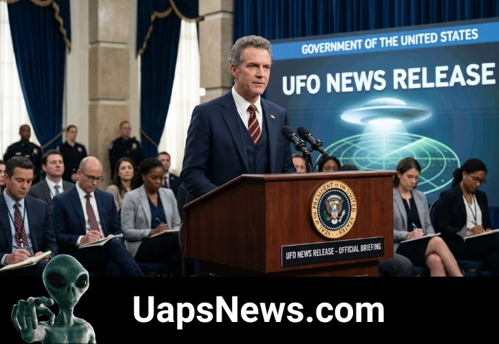 UFO News Release Official Briefing An official government press briefing podium with a sign reading UFO News Release, representing the disclosure of the Trump UFO files.